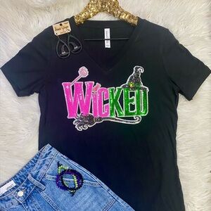 Wicked Sequin Patch Black VNeck Tee Sparkly Rhinestone Wicked Movie Inspired Top